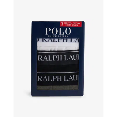 Polo Ralph Lauren Mens  Logo-waistband Mid-rise Pack Of Three Stretch-cotton Boxer Briefs In Wht/pol Blk/andvr Htr
