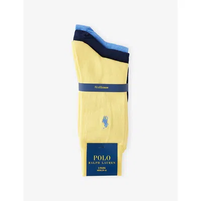 Polo Ralph Lauren Mens Yellow/navy/blue Logo-embroidered Pack-of Three Stretch-cotton Socks In Multi