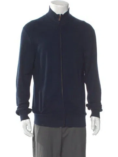 Pre-owned Polo Ralph Lauren Merino Wool Mock Neck Cardigan In Blue
