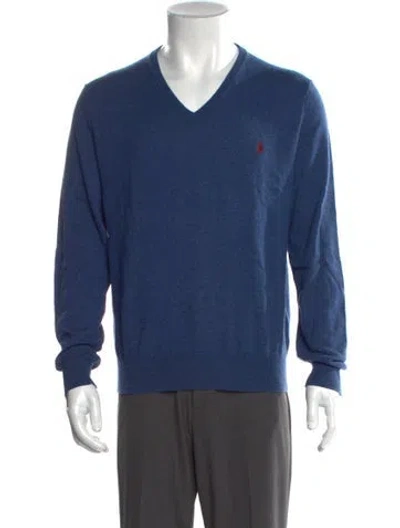 Pre-owned Polo Ralph Lauren Merino Wool V-neck Pullover In Blue
