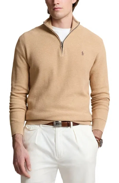 Polo Ralph Lauren Logo-embroidered Honeycomb-knit Cotton Half-zip Sweater In Neutrals