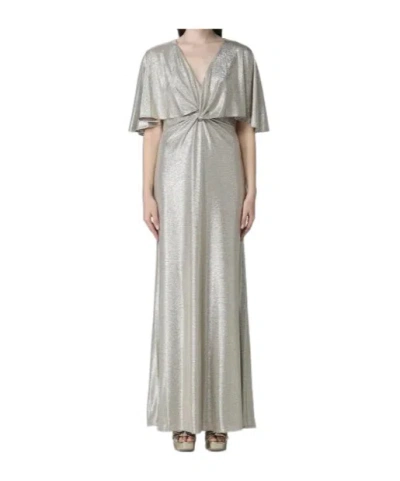 Polo Ralph Lauren Metallic Twisted Cape Gown In Gray
