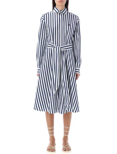 Polo Ralph Lauren Midi Dress Long Sleeve Stripe In Blue