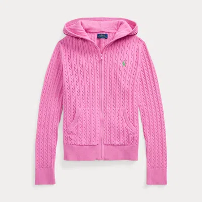 Polo Ralph Lauren Kids' Mini-cable Cotton Full-zip Hoodie In Laguna Pink/tiller Green