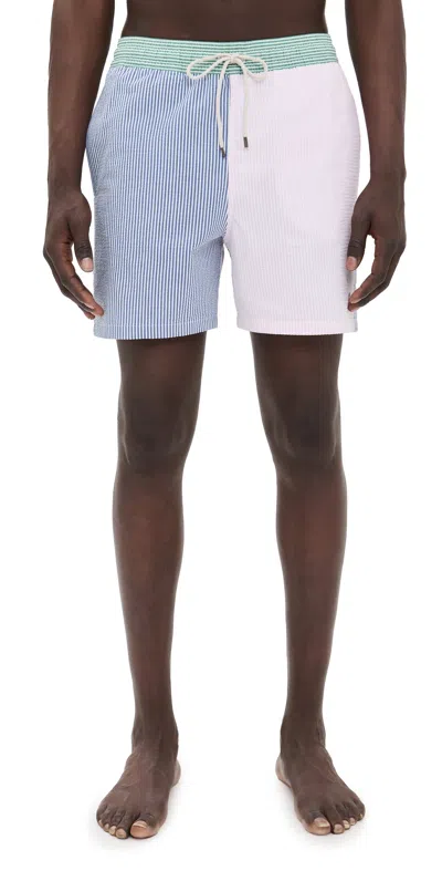 Polo Ralph Lauren Straight-leg Mid-length Logo-embroidered Striped Cotton-blend Seersucker Swim Shorts In Blue