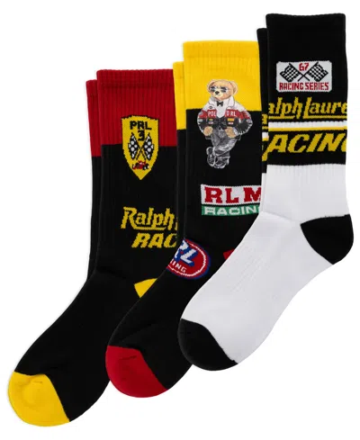 Polo Ralph Lauren Moto Bear Ribbed Arch Support Crew Socks, 3-pair Set In Black,yellow,red