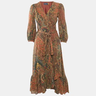 Pre-owned Polo Ralph Lauren Multicolor Printed Cotton Flounce Midi Wrap Dress M