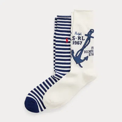 Polo Ralph Lauren Nautical Cotton-blend Crew Sock 2-pack In Cream/ Navy