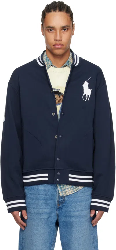 Polo Ralph Lauren Navy Big Pony Fleece Baseball Bomber Jacket In Cruise Navy