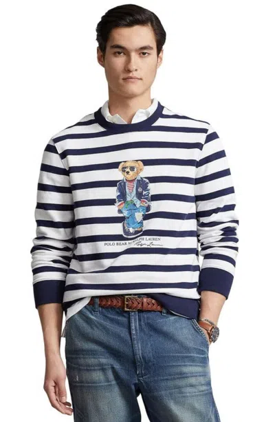 Pre-owned Polo Ralph Lauren Navy Blue & White Striped Regatta Bear Fleece Sweatshirt