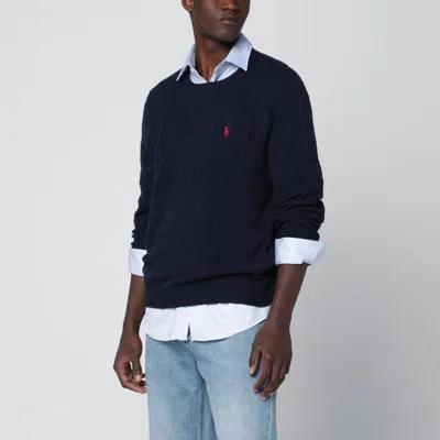 Polo Ralph Lauren Navy Blue Cable Knit Jumper In Wool And Cashmere