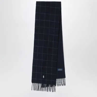 POLO RALPH LAUREN POLO RALPH LAUREN NAVY BLUE CHECKED SCARF WITH LOGO EMBROIDERY