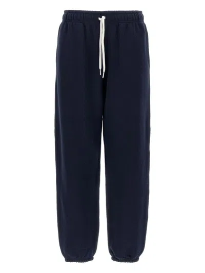 POLO RALPH LAUREN NAVY BLUE COTTON BLEND TROUSERS WITH SIGNATURE EMBROIDERY