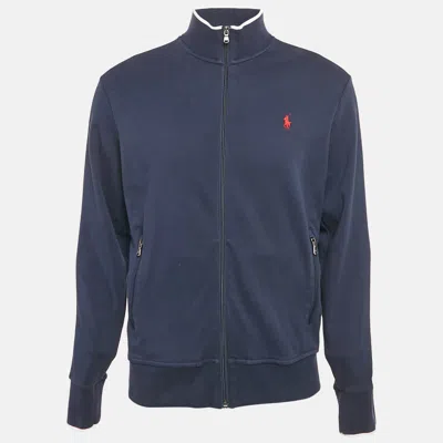 Pre-owned Polo Ralph Lauren Navy Blue Cotton Knit Zip-up Contrast Trimmed Jacket M