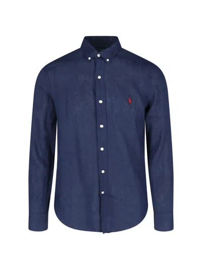Polo Ralph Lauren Navy Blue Cotton Shirt With Embroidered Logo