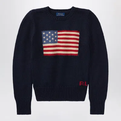 Polo Ralph Lauren Navy Blue Cotton Sweater With Flag