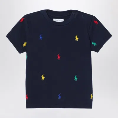 Polo Ralph Lauren Navy Blue Cotton T-shirt With Embroidered Logos