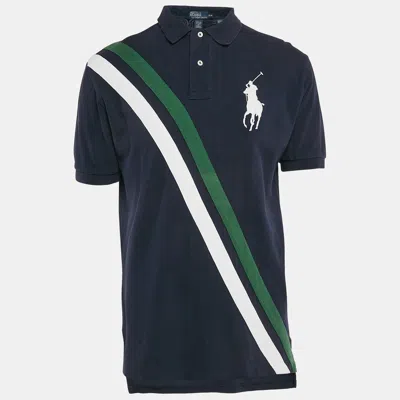 Pre-owned Polo Ralph Lauren Navy Blue Diagonal Stripe Pique Cotton Polo T-shirt M