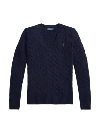 Polo Ralph Lauren Navy Blue Knitted V Neck Sweater In Black
