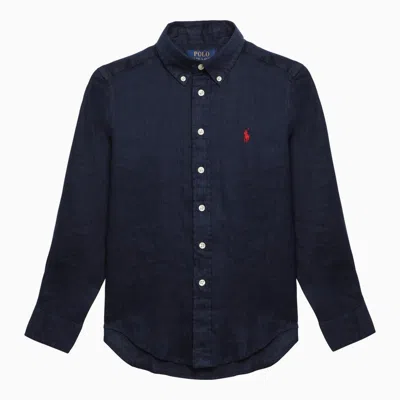 POLO RALPH LAUREN NAVY BLUE LINEN BUTTON-DOWN SHIRT