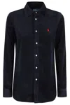 Polo Ralph Lauren Navy Blue Long Sleeve Velvet Ribbed Shirt With Classic Collar In Blue