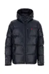 Polo Ralph Lauren Black Down Jacket With Patent Effect And Embroidered Pony Logo On Chest In Tech Fabric Man In Blue