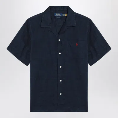 Polo Ralph Lauren Navy Blue Shirt In Linen Custom-fit