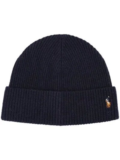 Polo Ralph Lauren Folded Brim Ribbed Knit Beanie Hat In Blue
