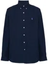 Polo Ralph Lauren Navy Blue Stretch-cotton Button-down Shirt With Signature Motif In Blue