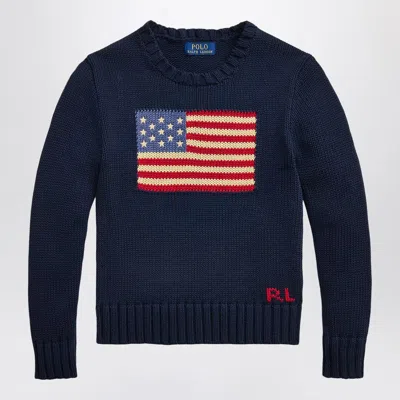 Polo Ralph Lauren Navy Blue Sweater With Flag Intarsia In Black