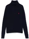 Polo Ralph Lauren Navy Blue Textured Cable Knit Wool Turtleneck With Roll Neck In Black