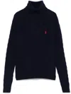Polo Ralph Lauren Navy Blue Textured Cable Knit Wool Turtleneck With Roll Neck In Black