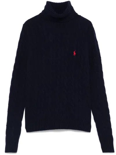 Polo Ralph Lauren Navy Blue Textured Cable Knit Wool Turtleneck With Roll Neck In Black