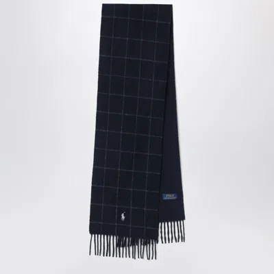 Polo Ralph Lauren Navy Checked Scarf With Logo Embroidery In Blue