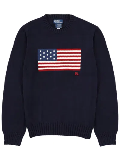Polo Ralph Lauren Navy Cotton Sweater With Embroidered American Flag In Blue