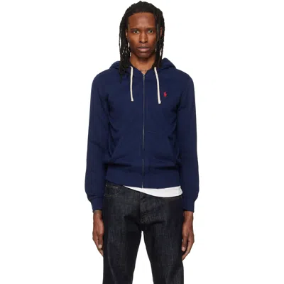 Polo Ralph Lauren Logo Hooded Sweatshirt Kangaroo Pocket Ribbed In Blue