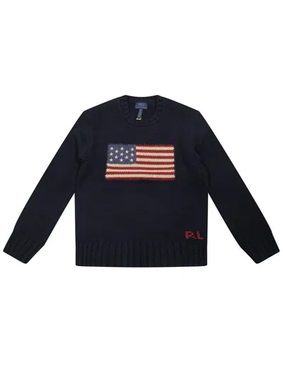 Polo Ralph Lauren Navy Knit Sweater With American Flag Design In Multi