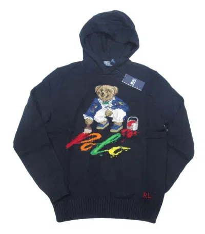Pre-owned Polo Ralph Lauren Navy Paint Splatter Polo Bear Cotton Knit Hooded Sweater In Blue