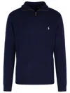 Polo Ralph Lauren Wool Cotton Sweater Ribbed Texture Long Sleeves In Blue