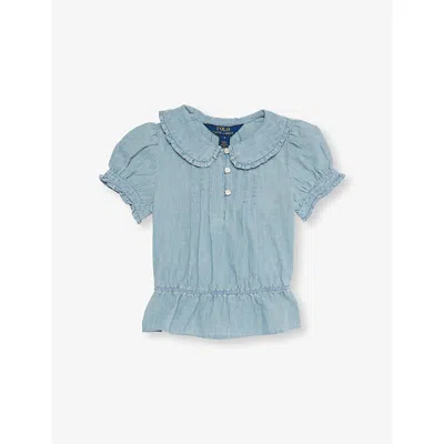 POLO RALPH LAUREN GIRLS' PEPLUM-HEM COTTON-CHAMBRAY TOP