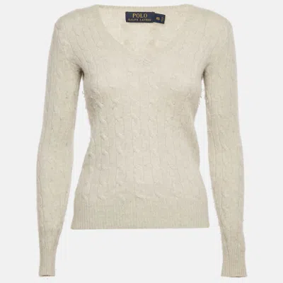 Pre-owned Polo Ralph Lauren Off-white Cable Knit V-neck Sweater Xs
