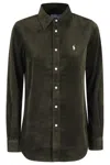 Polo Ralph Lauren Olive Long-sleeve Velvet Ribbed Shirt With Classic Collar In Green