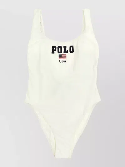Polo Ralph Lauren One Piece Swimsuit Scoop Neck High Cut In White