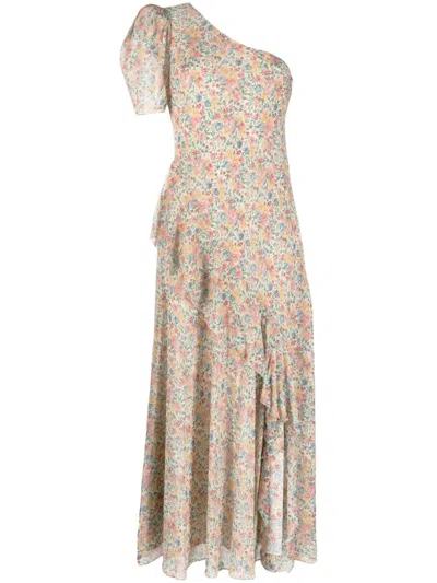Polo Ralph Lauren Floral One-shoulder Georgette Maxidress Woman Long Dress Cream Size 6 Viscose In White