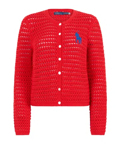 Polo Ralph Lauren Open-knit Logo Cardigan In Red