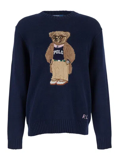 POLO RALPH LAUREN BLUE SWEATER WITH LOGO EMBROIDERY ON THE FRONT AND LOGO LETTERING ON THE FRONT