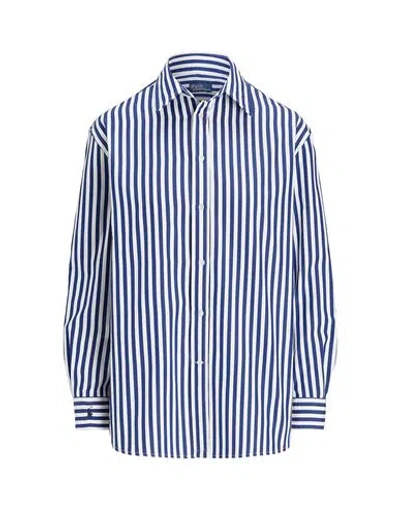 Polo Ralph Lauren Oversize Fit Striped Cotton Shirt Woman Shirt Navy Size L Cotton In Blue