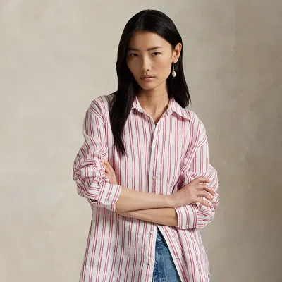 Polo Ralph Lauren Oversize Fit Striped Linen Shirt In White/red