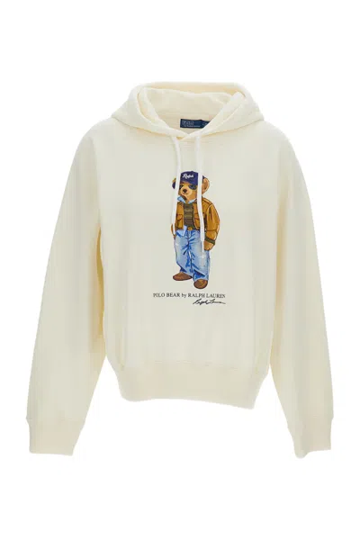 Polo Ralph Lauren Oversized White Cotton-blend Terry Hoodie With Signature Motif In Neutral