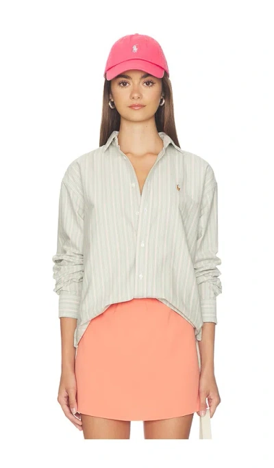 Polo Ralph Lauren Oxford Long Sleeve Collared Sport Shirt In Green & Pink